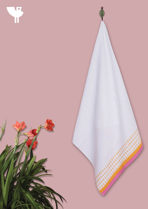 Handloom Cotton Bath Towel With Block Print Border